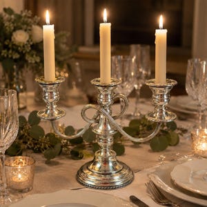 May include: A silver-toned metal candelabra featuring three arms with decorative beaded edges at the base and candle cups. Three off-white taper candles are inserted into the cups, each with a lit flame, creating a bright, warm glow.