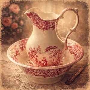 Vintage Spode Girl at Well Pink Jug Bowl Set Vintage Transferware Wash Pitcher Basin c 1980's