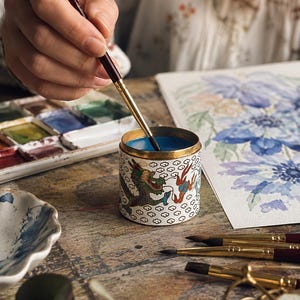 May include: A detailed image of an artist's workspace. A small, ornate container with a dragon design holds blue paint. A paintbrush is dipped into the paint. Watercolor paints and a floral painting are also visible, suggesting a creative art project.