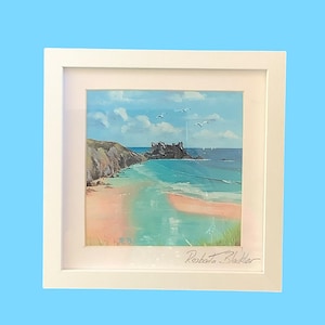 Cornish strandprint. Porthcurno, Cornwall, gesigneerde kunstprint, ingelijst, kan hangen of staan.