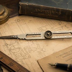 May include: A vintage metal drafting tool with a pointed tip and a central adjustment dial. The tool features engraved markings labeled CIRCLES and LINES, along with the text J.A. REYNOLDS & CO. LTD. BIRMINGHAM, resting on a technical drawing.