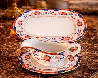 Royal Staffordshire Festoon Gravy Boat Set, Vintage Sauce Boat with Stand and Serving Platter, Imari Style Porcelain, c1925- 1935
