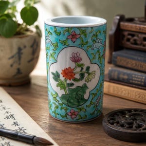 Vintage Chinese Porcelain Brush Pot Bitong Famille Rose Turquoise Tongzhi Mark c.1950–1970