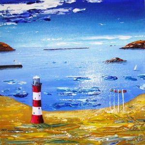 May include: An oil painting depicts a coastal scene with a red and white striped lighthouse on a sandy shore. The ocean is a vibrant blue, with small islands and a cloudy sky. The artwork uses thick brushstrokes to create texture.