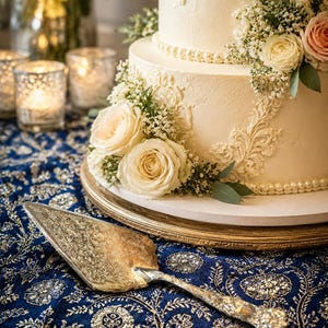 May include: A silver cake server with an intricate engraved pattern on the blade and handle, positioned on a dark blue fabric with gold floral embroidery. The server is placed near a multi-tiered white cake decorated with cream roses and pearls.