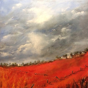 May include: A painting of a red field with a fence and a small town in the distance. The sky is cloudy with a few birds flying.