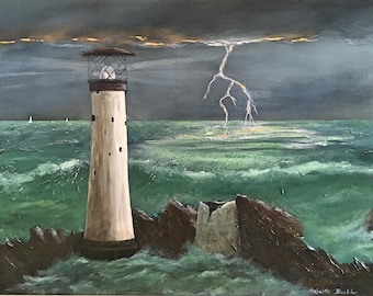 Lighthouse  Painting, on canvas, large, original. Lightening and the Eddystone off the Devon coast. Highly textured with gold leaf.