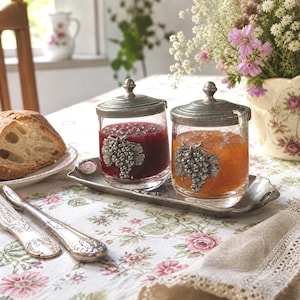 Vintage German Pewter Condiment Set, Glass Jars with Grape Motif, Rustic Kitchen Decor, SKS Zinn 95%, c.1970–90s