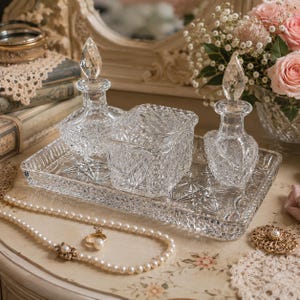 May include: A clear cut glass vanity set consisting of a rectangular tray, two perfume bottles with faceted stoppers, and a lidded container. Each piece features intricate geometric patterns and starburst designs, reflecting light across the surfaces.