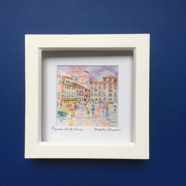 Painting of Florence. Framed, signed  print.  Piazza Santa Croce, Firenze, from my watercolour painting. Contemporary Art.