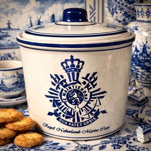 May include: A white ceramic jar with a lid, featuring a blue emblem and text for the Royal Netherlands Marine Corps. The jar has a blue rim and a blue knob on the lid. The jar is surrounded by blue and white porcelain.
