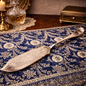 May include: A silver fish server with an intricate floral and fish design. The server features a long, slender blade and a decorative handle. It is displayed on a blue and gold patterned tablecloth.
