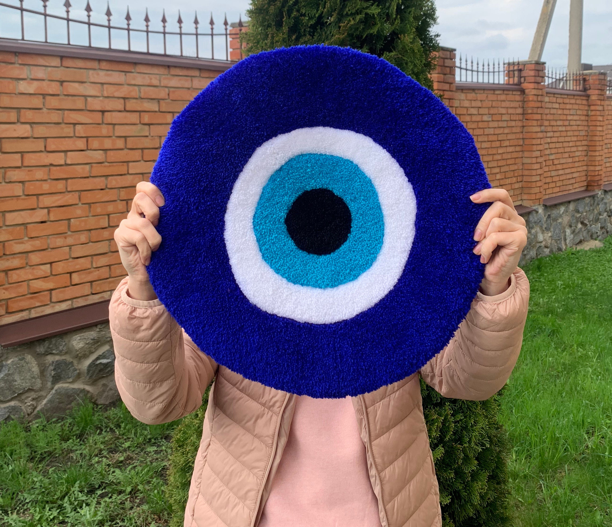 Handmade Blue Evil Eye Rug: Tufted Wall Hanging, Fun Home Decor