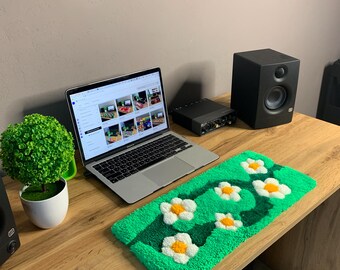 Floral Tufted Keyboard Rug - Punch Needle Desk Mat and Handmade Office Decor