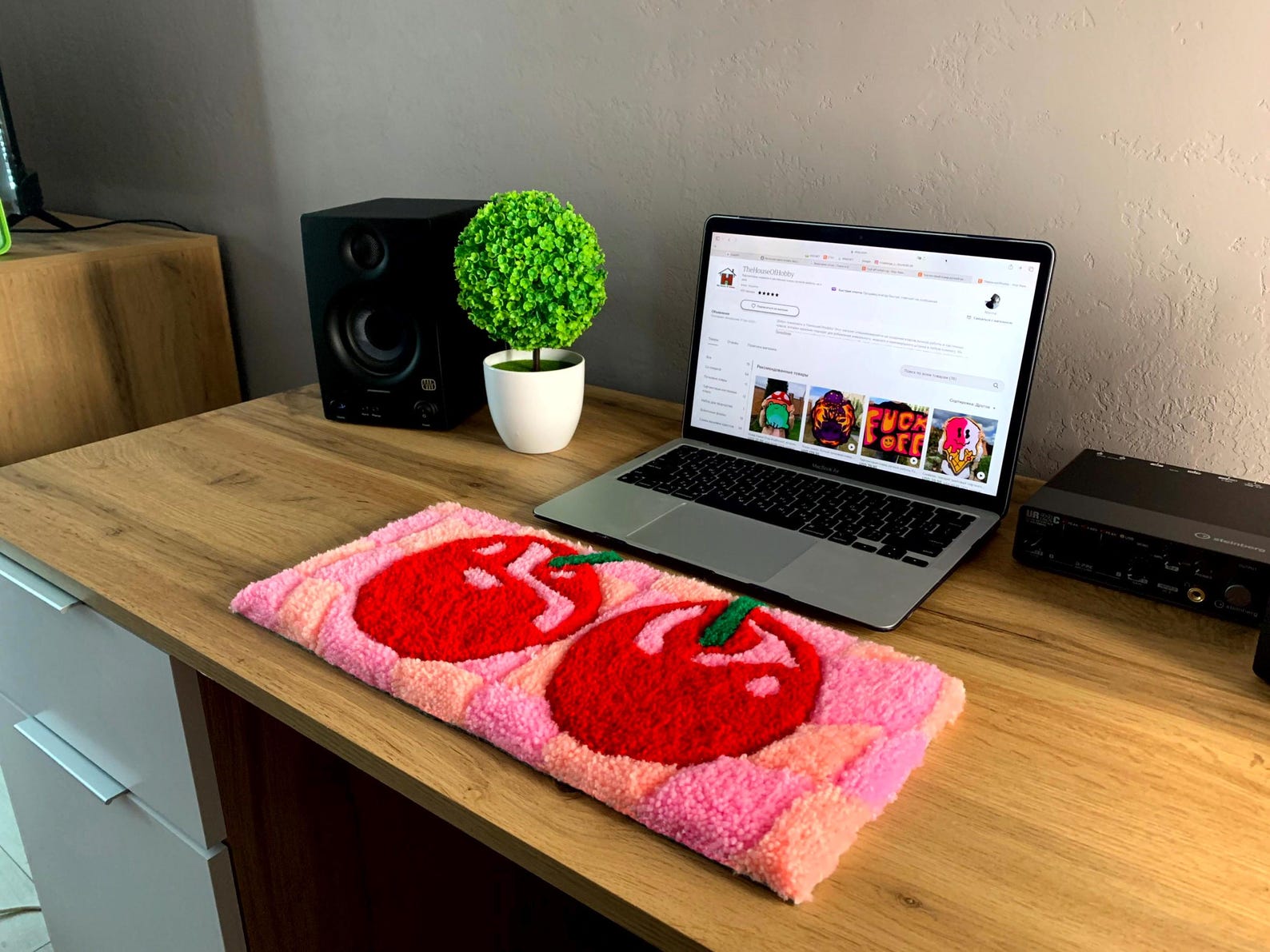 Cherry Checkered Tufted Keyboard Rug Handmade Pink Punch Needle Desk ...
