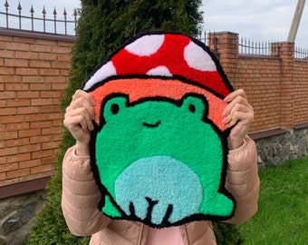Kawaii Frog Mushroom rug, aesthetic Tufted wall hanging, handmade cute funky kawaii punch needle rug, Textured Wall Art