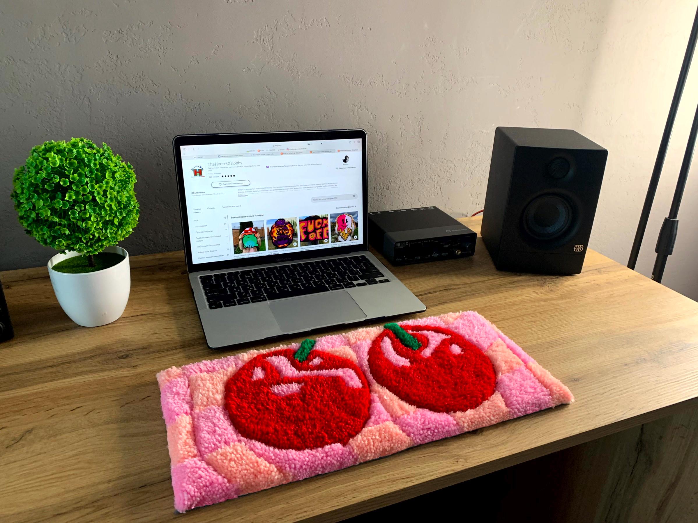 Cherry Checkered Tufted Keyboard Rug Handmade Pink Punch Needle Desk ...