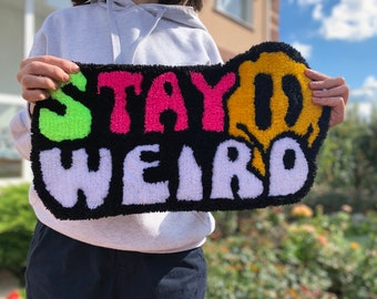 Stay Weird Tufted Wall Hanging: Funky Smiley Face Rug
