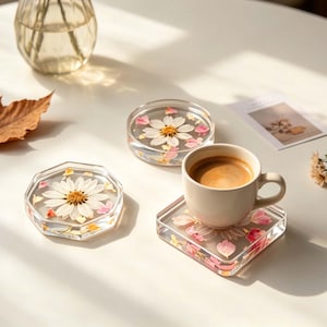 Puede incluir: Un juego de tres posavasos transparentes de resina con flores incrustadas. Un posavasos es hexagonal, otro redondo y otro cuadrado. Una taza blanca de café se encuentra sobre el posavasos cuadrado. Los posavasos presentan margaritas blancas y pétalos rosas.