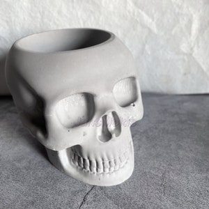 Pode incluir: Um vaso de cerâmica branca em forma de caveira com uma superfície lisa e arredondada. A caveira tem um design detalhado com órbitas oculares, um nariz e uma boca com dentes.
