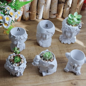 May include: Six different concrete planter pots in various shapes, including a woman's head, an elephant, and a bear. Each pot has a small succulent plant growing inside.