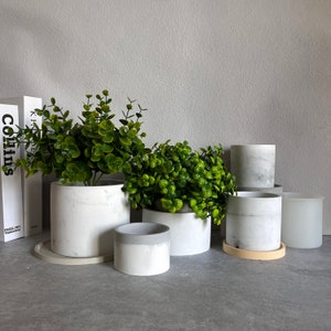 May include: A set of five white ceramic planters with a marbled finish. The planters are arranged in a staggered formation, with the largest planter at the back and the smallest planter at the front. The planters are filled with green leafy plants.