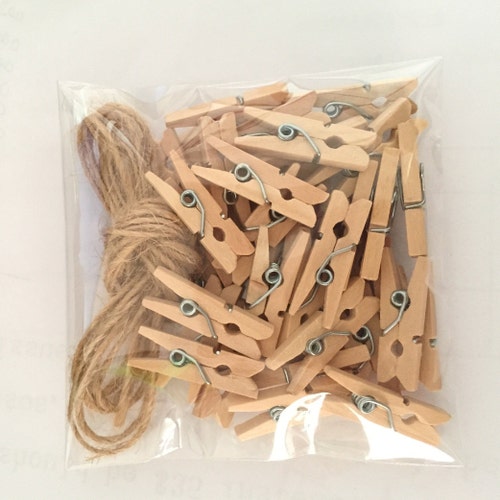 36 Mini Wooden Pegs with 2m of Jute String Christmas Cards Photos Notes 