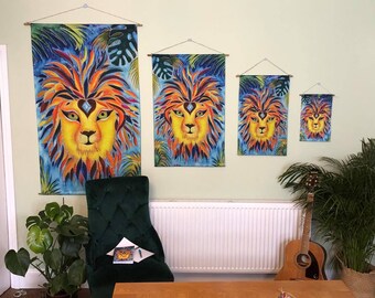 Leo Wall Hangings, Lion Wall hanging, Lion art, lion batik, Bright lion, Lion power,