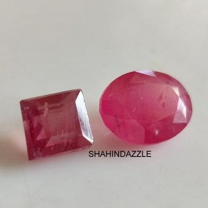 Può includere: Due pietre preziose sfaccettate con una vibrante tonalità rosa-rossa. Una pietra è di forma quadrata con angoli vivi, mentre l'altra è di forma ovale con un profilo arrotondato. Il testo SHAHINDAZZLE è stampato in nero tra le due pietre.