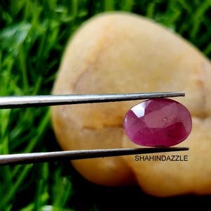 Puede incluir: Primer plano de una piedra preciosa ovalada de color rosa sostenida por unas pinzas. La piedra preciosa está sobre una roca marrón claro con hierba verde en el fondo. El texto "SHAHINDAZZLE" es visible debajo de la piedra preciosa.