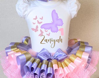 Pastel Pink and Lavender Butterfly Birthday Outfit,Girls Baby 1st Butterfly Tutu Set