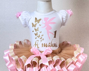 Fairy 1st Birthday Tutu Outfit Girl,Pink Gold Butterfly First Party Dress, Baby Cake Smash Set