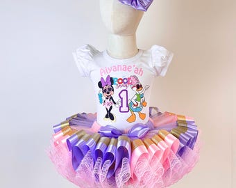 Minnie Daisy Pool Party Birthday Girl Outfit, Summer Celebration Lavander Pink Ribbon Tutu Set,Baby Cake Smash Costume