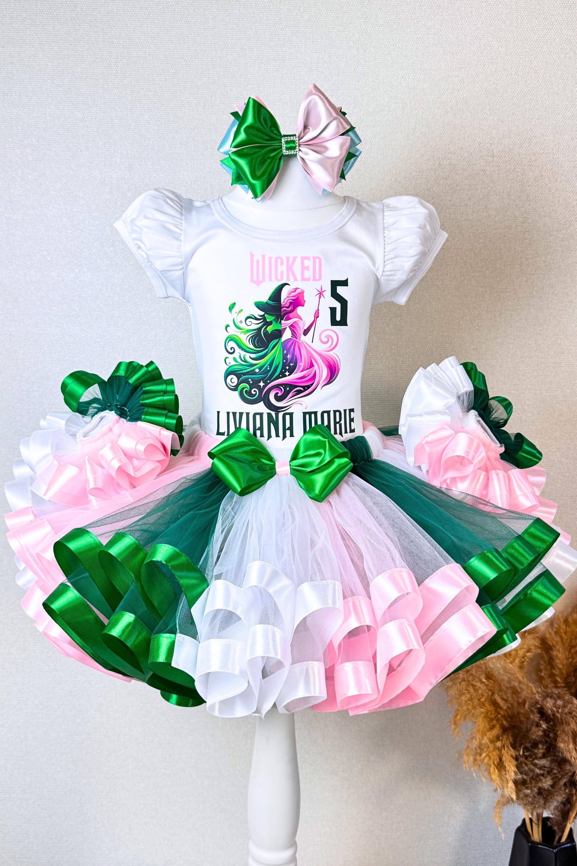 pink and green tutu dress Contrasting Rose Adorned One Shoulder Green Dress With Matching Knot Detail Hair Band 1