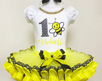 Bee First Birthday Outfit: Baby Girl Tutu Set, Black & Yellow Party Dress
