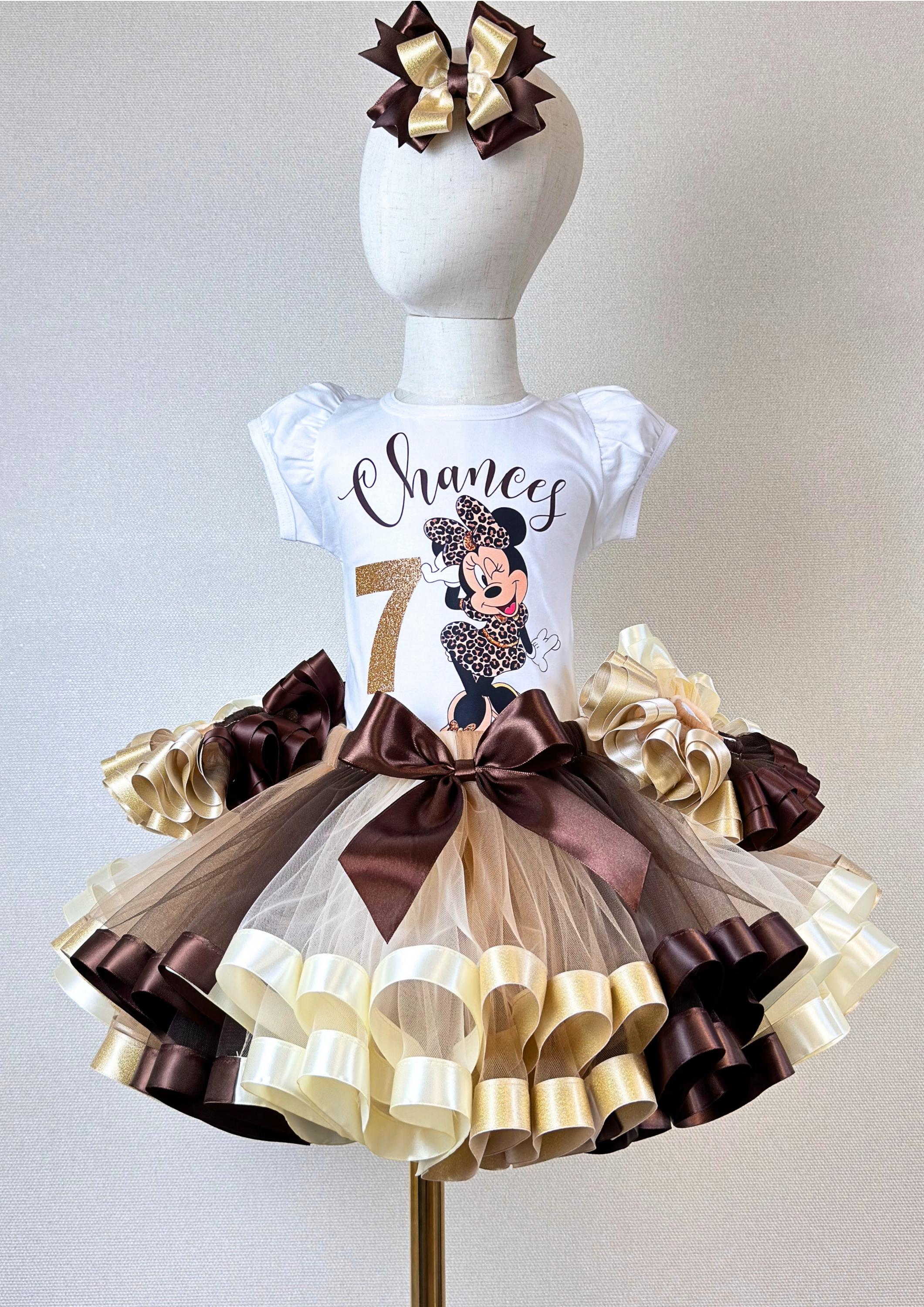 Minnie Mouse Birthday Outfit Girl Leopard Print Shirt Brown Gold Tutu Jungle Party Set