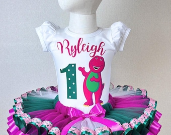 Dinosaur Birthday Girls Outfit: Magenta Baby 1st Bday Tutu Set