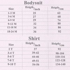 May include: A size chart for bodysuits and shirts with text labels for size, height in inches, and height in centimeters. The bodysuit section lists sizes from 1-3 M to 18-24 M, and the shirt section lists sizes from 2 T to 9-10 T with corresponding measurements.