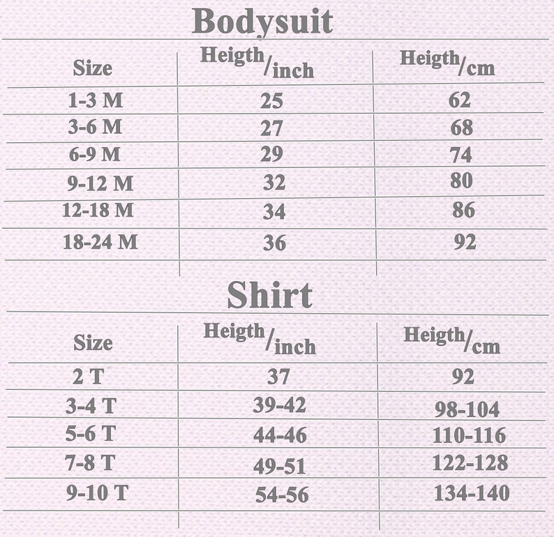 May include: A size chart for bodysuits and shirts with text labels for size, height in inches, and height in centimeters. The bodysuit section lists sizes from 1-3 M to 18-24 M, and the shirt section lists sizes from 2 T to 9-10 T with corresponding measurements.
