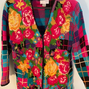 VintaGe Retro Knit Floral Plaid 3D Cardigan Sweater Granny 90s Y2K Casual Corner size Large