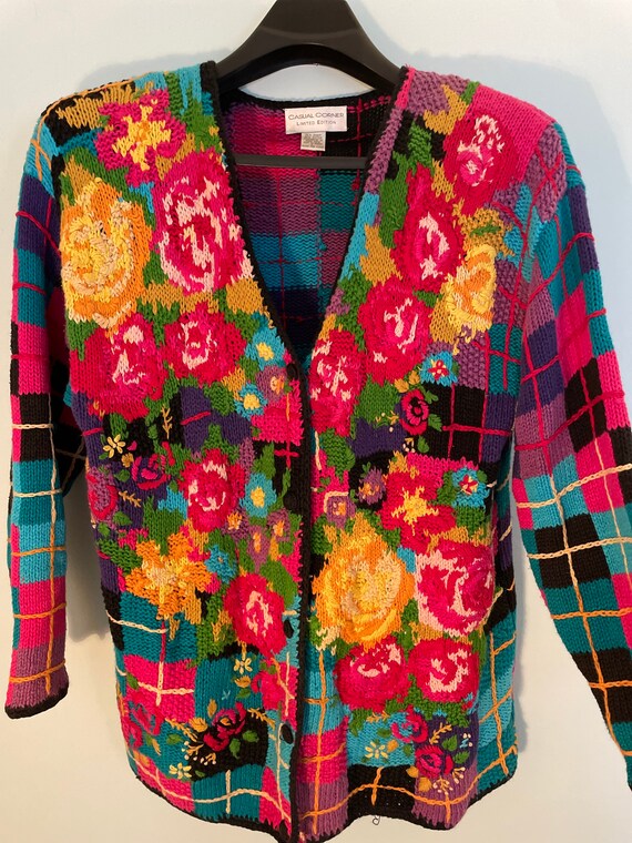 Vintage Retro Knit Floral Plaid 3D Cardigan Sweater Granny Vintage Retro Knit Floral Plaid 3D Cardigan Sweater Granny
