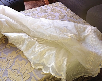 May include: An ivory lace fabric with a scalloped edge is draped over a patterned surface. The fabric, possibly a veil or overlay, displays detailed floral embroidery. The fabric is likely made of a lightweight material.