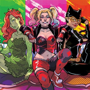 May include: Three female comic book characters, Poison Ivy, Harley Quinn, and Catwoman, are depicted in a colorful illustration. Poison Ivy is wearing a green leafy dress and holding a red rose. Harley Quinn is wearing a red and black costume with a star on her chest. Catwoman is wearing a black leather suit with a cat mask and holding a black cat.
