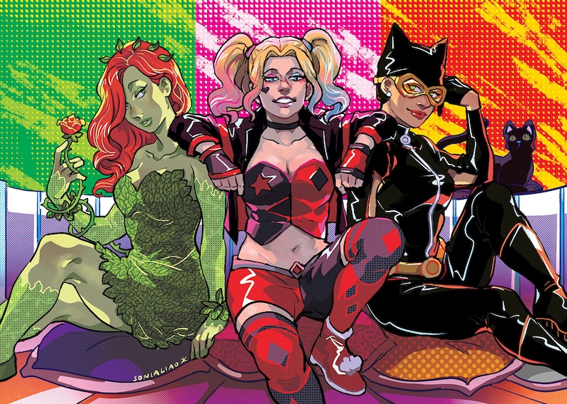 May include: Three female comic book characters, Poison Ivy, Harley Quinn, and Catwoman, are depicted in a colorful illustration. Poison Ivy is wearing a green leafy dress and holding a red rose. Harley Quinn is wearing a red and black costume with a star on her chest. Catwoman is wearing a black leather suit with a cat mask and holding a black cat.