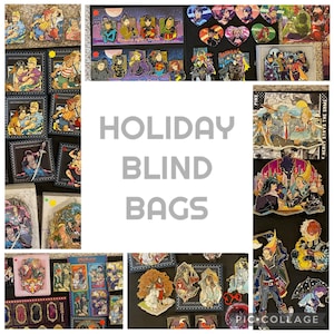 May include: A collage of colorful enamel pins, including character designs and heart-shaped pins. The pins feature various anime and comic book characters. Text in the center reads "HOLIDAY BLIND BAGS".