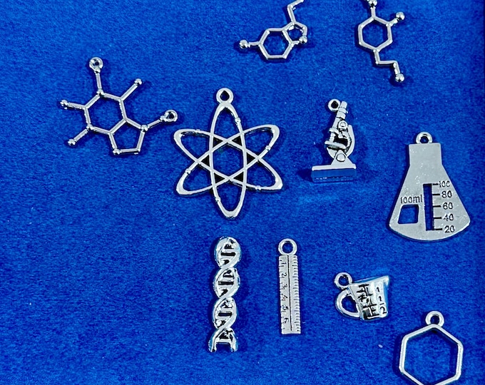 Silver Set of Science, STEM, Chemistry Biology & Physics Symbols Charm Pendants -  Set of Ten