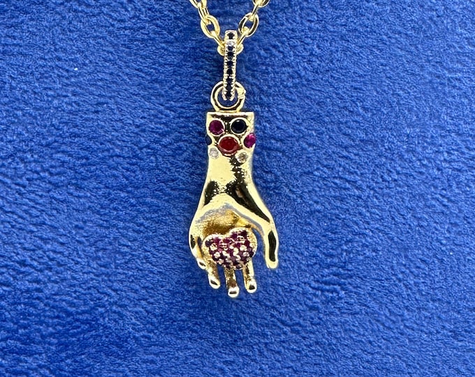 Hand & Heart 18kt Gold Plated Pendant and Colourful Cubic Zirconia complete with traditional cable chain.