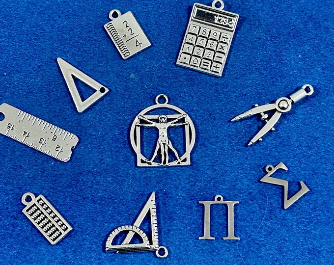 Set of Silver Mathematics Maths Geometry School Items Charm and Pendants ~ Set of Ten