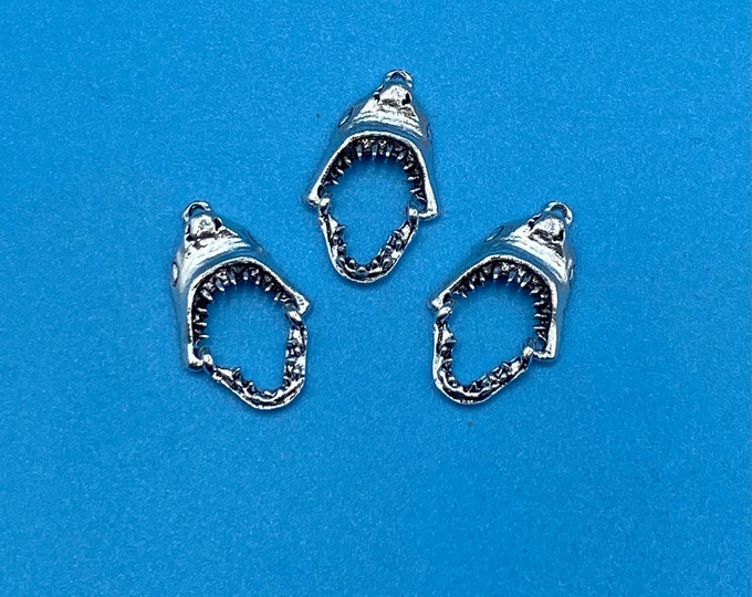 Large Silver Great White Shark Articulated Jaws Charm Pendant - Set of Three
