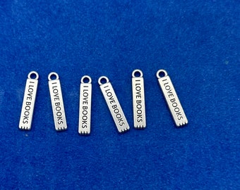 Silver ‘I love Books’ Bookmark Charm Pendants ~ Set of Six